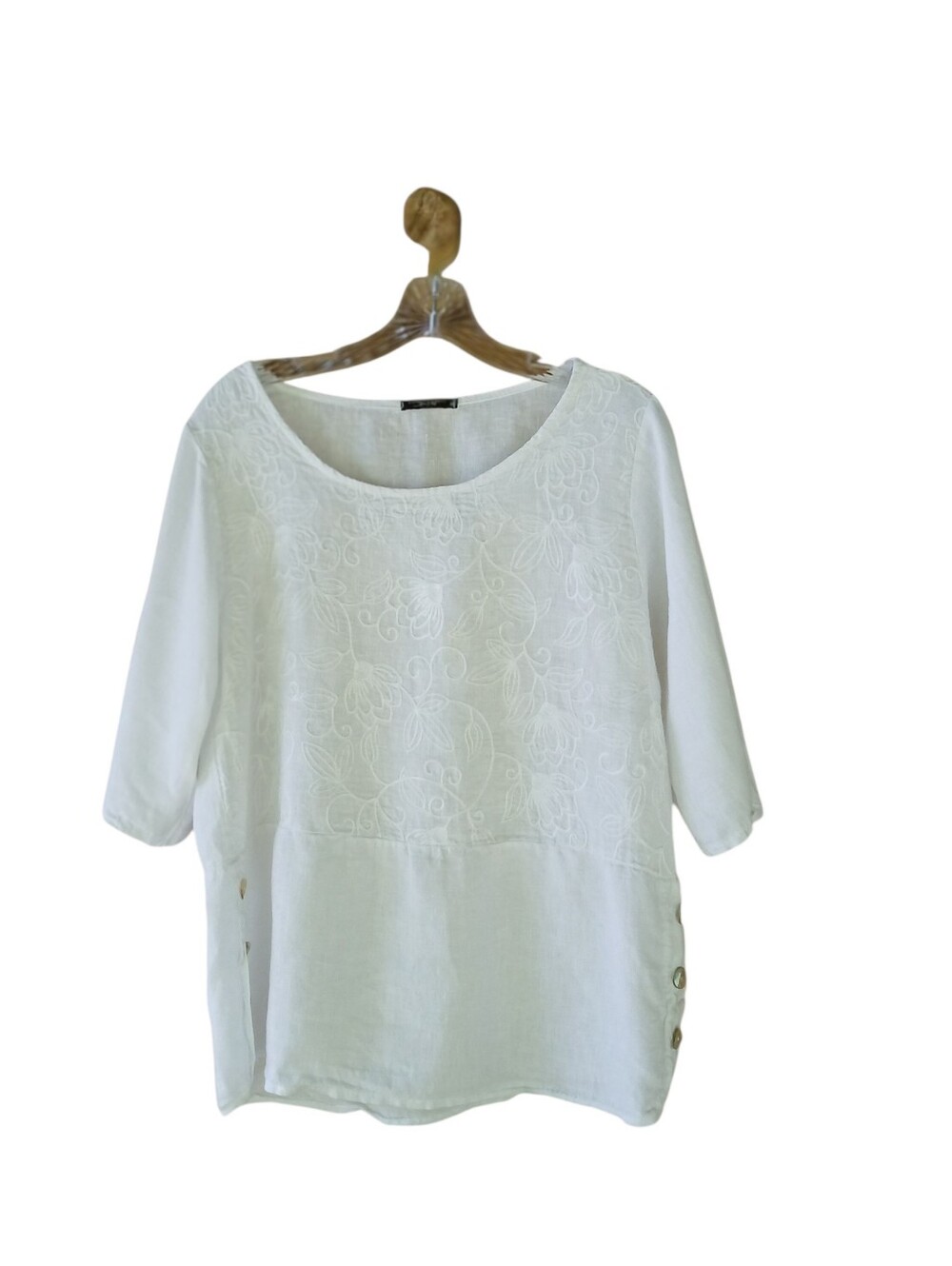 Lungo L'Arno White Scoop Neck Half Sleeve Embroidered Linen Tunic Medium